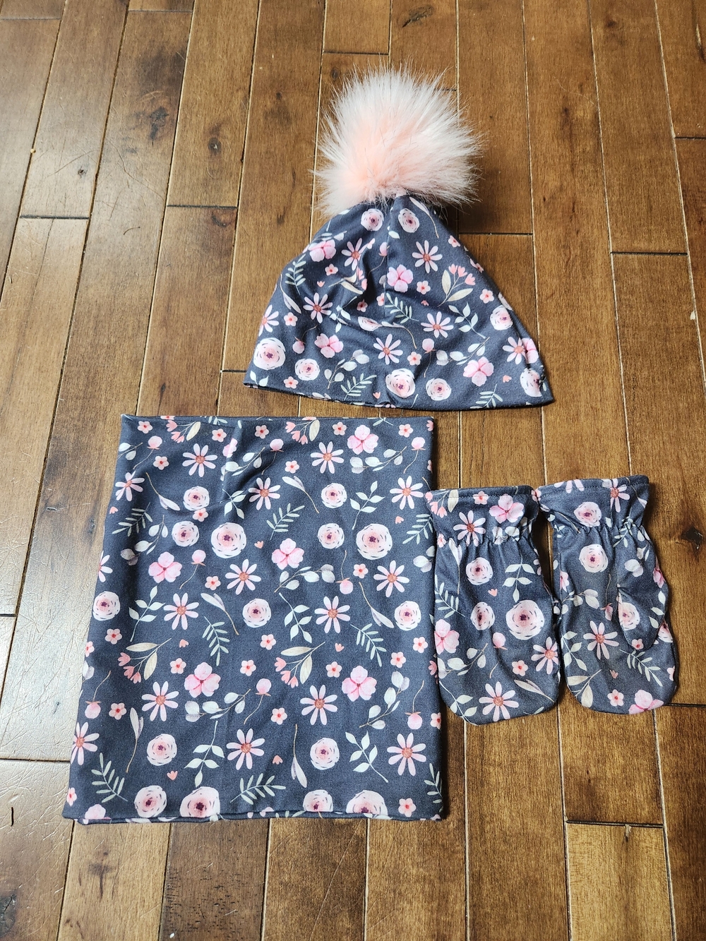 Girls Floral Fall Hat, Neck Warmer & Mittens Set — Pink on Charcoal